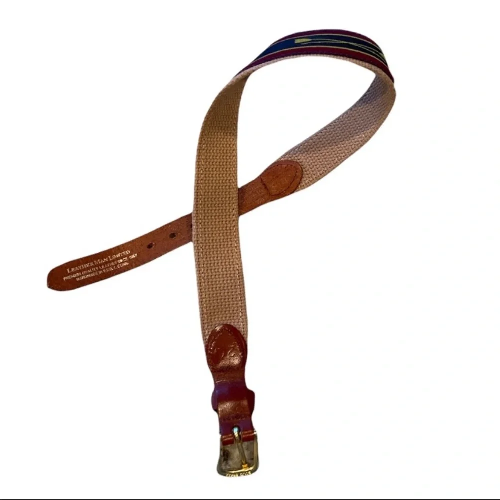 Leather Man Ltd Kids Canvas & Leather Belt Burgundy Navy Oar Motif New Size XXS